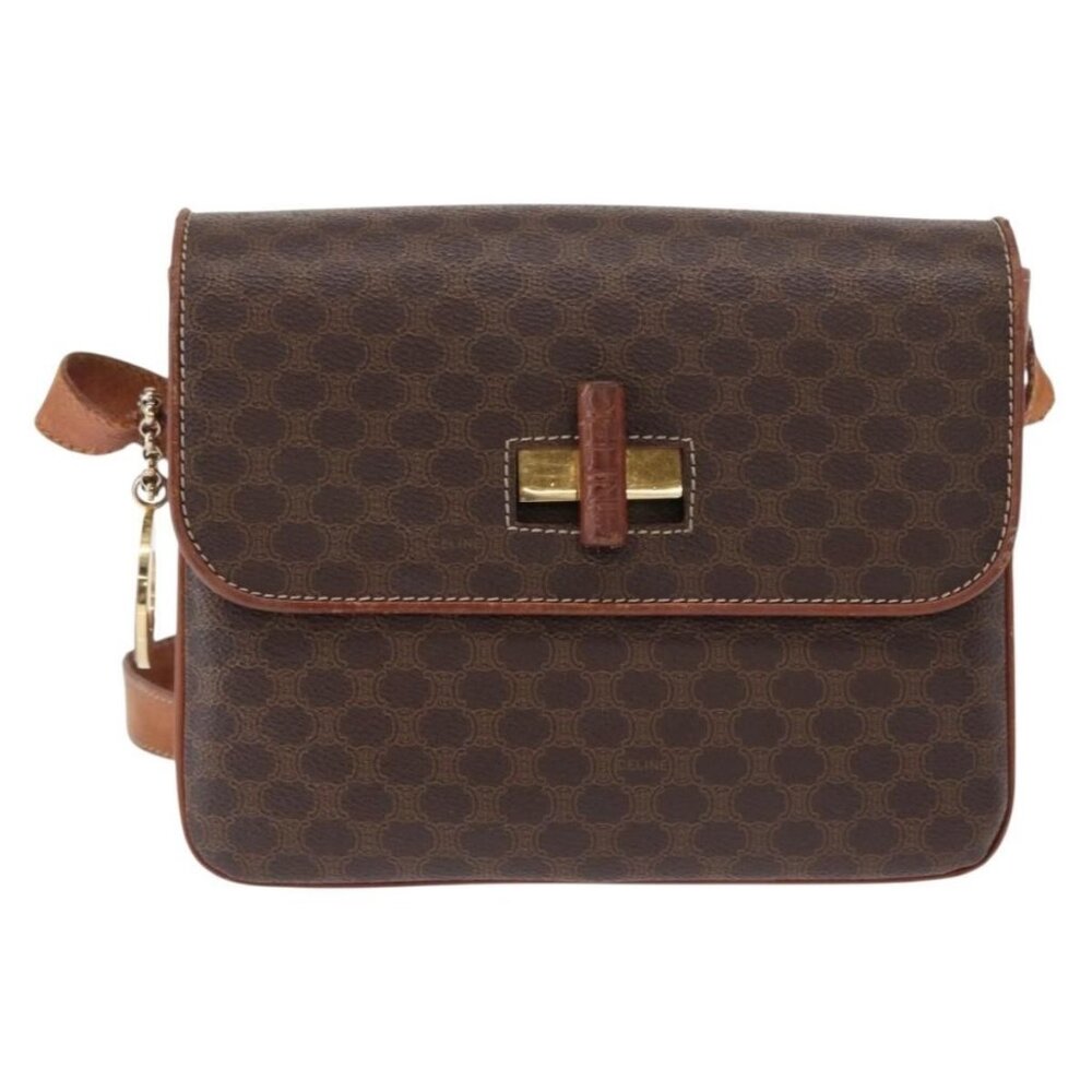 Authentic CELINE Macadam Canvas Shoulder Bag PVC Leather Brown Gold - Picture 5 of 16